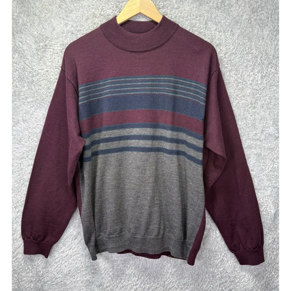 CEZANI Men's L 100% Merino Wool Sweater Burgundy Gray Striped Mock Neck Pullover